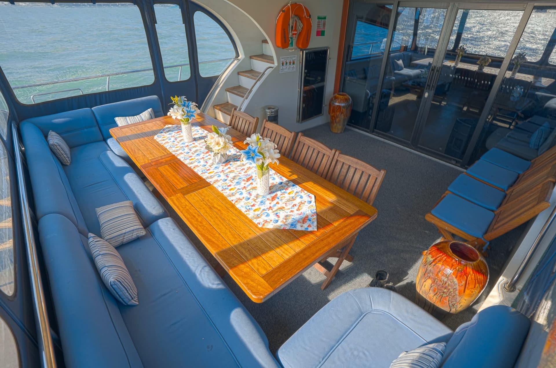 Sun deck and seating on a private charter yacht moored on the Bosphorus